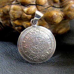 Solid 925 Sterling Silver Aztec Sun Stone / Mayan Calendar Pendant